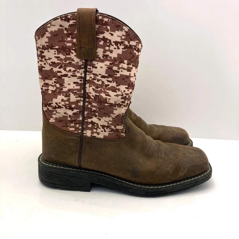 Old West Cowboy Boots Youth Boys Sz 3.5 Digitial Camo Brown Leather Square Toe